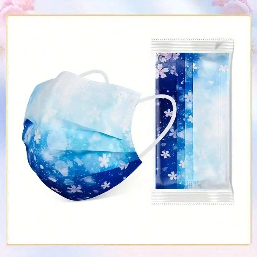 10pcs Floral Sakura Print 3-Pl - Disposable Mask Blue ulasan dan harga