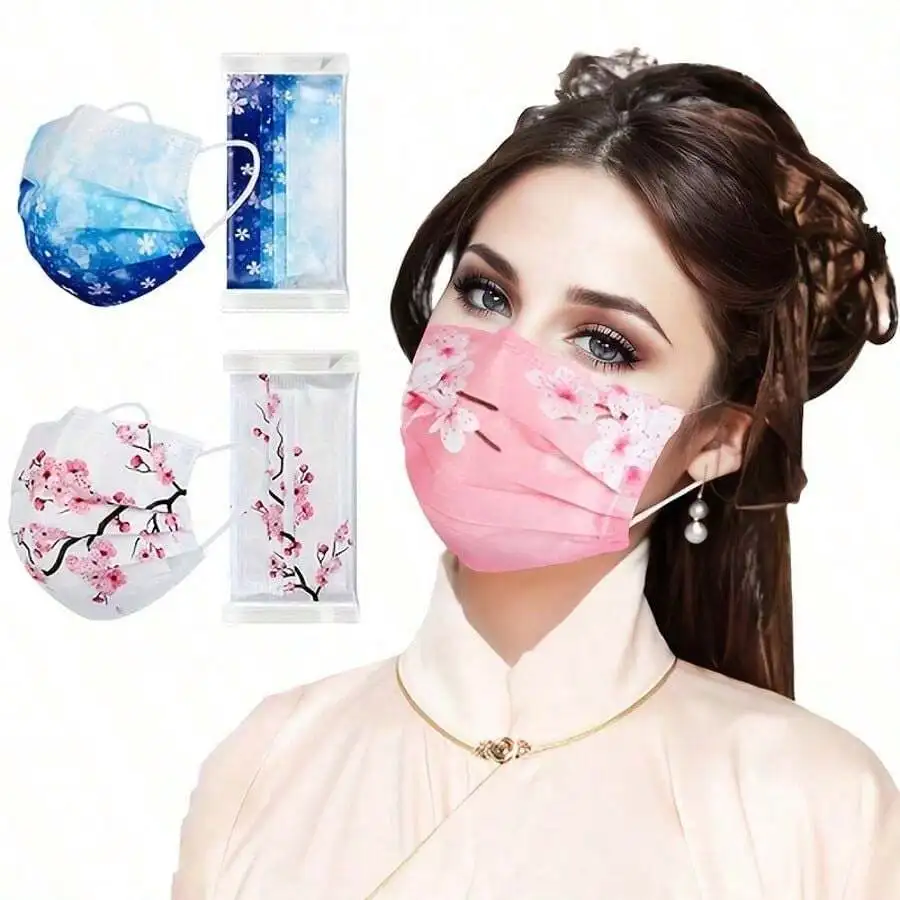 10pcs Floral Sakura Print 3-Pl - Disposable Mask Blue ulasan dan harga